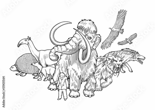 Composition of graphic prehistoric animals and caveman