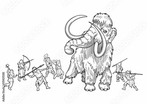 Graphic scene of cavemen hunting on a mammoths