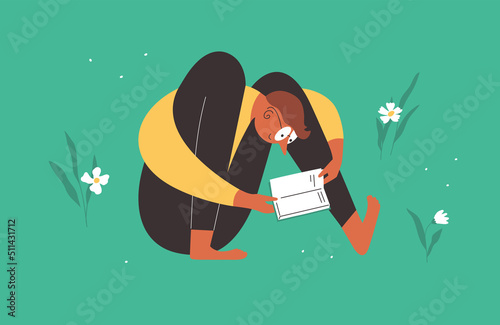 Book club art vector illustration. Man in glasses reads outdoors in strange position. Male character relaxing in nature with book in hand. Guy sitting reading literature. Summer leisure activity, rest