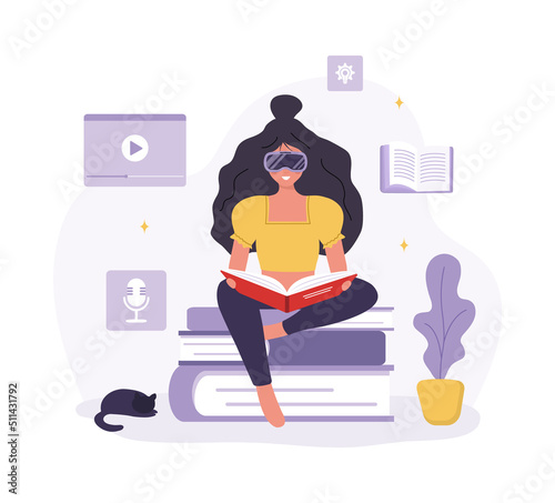Metaverse, Cyberspace or Virtual reality concept. Woman in VR glasses sitting and reading books. Modern technology for education. Vector illustration in flat cartoon style.