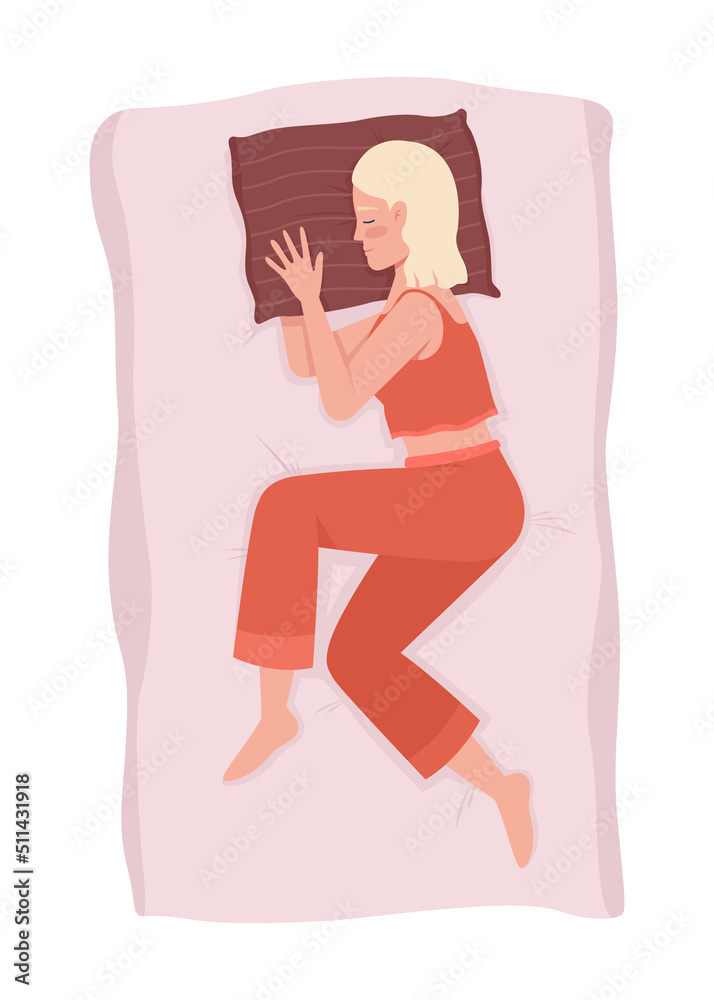 Female side sleeper with arm under pillow 2D vector isolated illustration. Woman relaxing on bed flat character on cartoon background. Colourful editable scene for mobile, website, presentation Female side sleeper with arm under pillow 2D vector isolated illustration. Woman relaxing on bed flat character on cartoon background. Colourful editable scene for mobile, website, presentation
