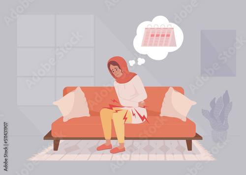 Dysmenorrhea symptom flat color vector illustration. Girl suffering from unbearable menstrual cramps. Fully editable 2D simple cartoon character with cozy living room interior on background