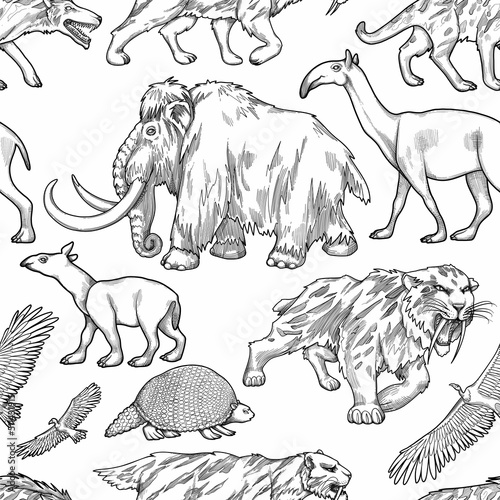 Repeated seamless pattern of a graphic prehistoric animals