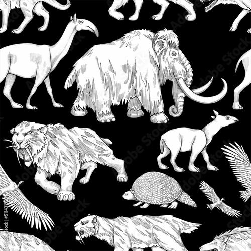 Repeated seamless pattern of a graphic prehistoric animals