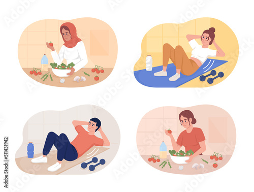 Healthy diet and exercise routine 2D vector isolated illustration set. Flat characters on cartoon background. Fitness and nutrition colorful editable scene collection for mobile, website, presentation