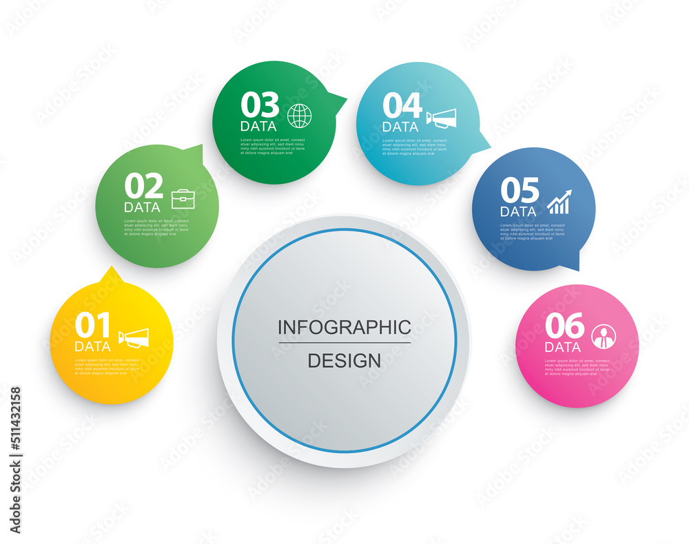 Infographics circle timeline with 6 number data template. Vector illustration abstract background.