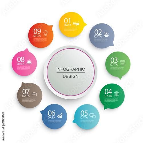 Infographics circle timeline with 9 number data template. Vector illustration abstract background.