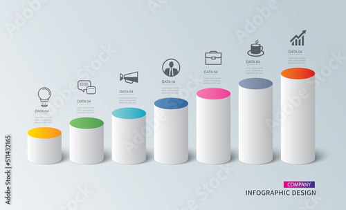 Infographics  cylinder timeline with 7 number data template. Vector illustration abstract background.
