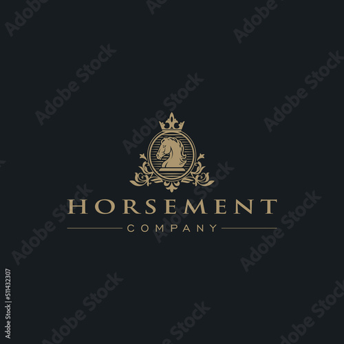 Vintage Elegant Logo Design Vector Template for Real Estate, Mortgage Property. Luxury Gold Ornament Emblem for Equestrian Consulting. Crest Horse Crown Vector Illustration.
