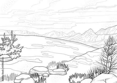 Graphic snowy mountain landscape. Vector illustration of the Ice Age