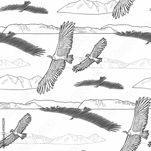 Repeated seamless pattern of a graphic teratorns flying above the mountains