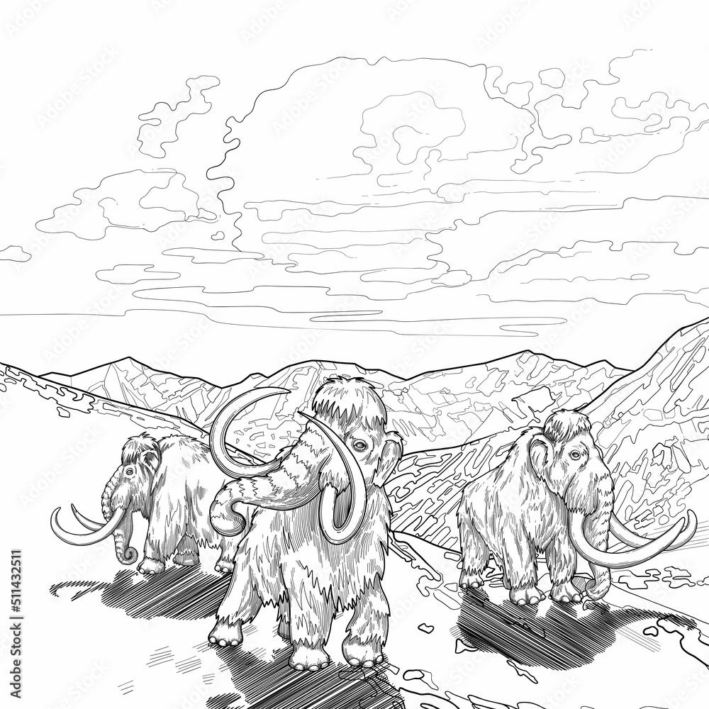 Graphic mammoths walking in a snowy mountain landscape