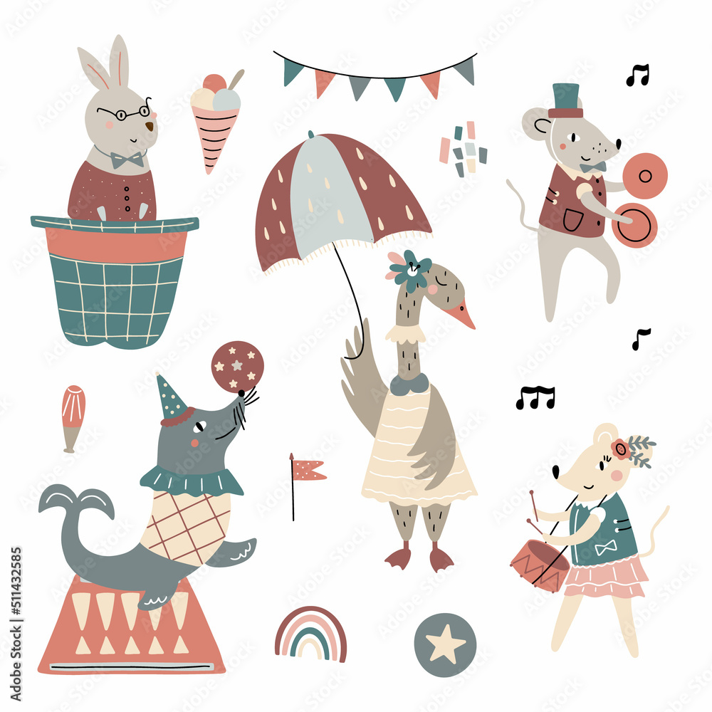 Set of circus animals and elements. Vector illustration isolated on ...