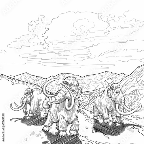 Graphic mammoths walking in a snowy mountain landscape