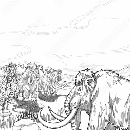 Graphic mammoths walking in a snowy mountain landscape
