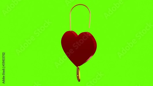 3d animation of heart shaped padlock unlocked by key, metallic textures, green screen