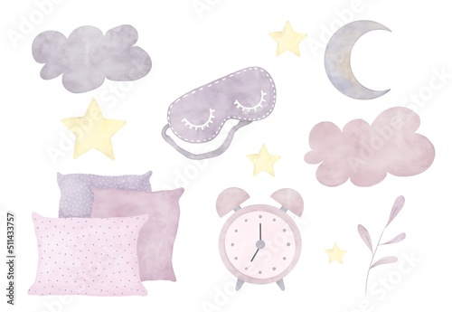 A set of watercolor illustrations on the theme of sleep in purple tones photo