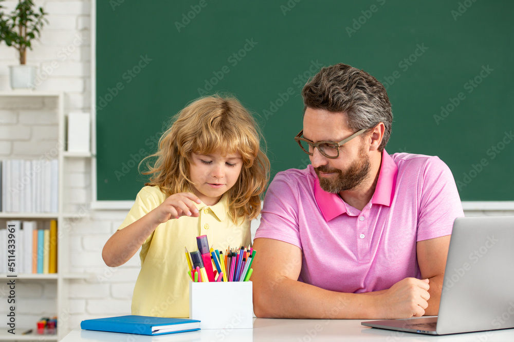Teacher and pupil boy learning in the classroom. Cute elementary school boy. Teacher and pupil boy learning in the classroom. Cute elementary school boy.