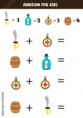 Addition for kids with cartoon pirate elements.