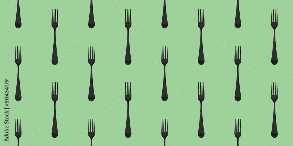 pattern. Fork top view on yellow green background. Template for applying to surface. Banner for insertion into site. Flat lay. Horizontal image. 3D image. 3D rendering.