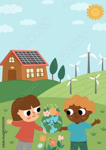 Vector eco life scene with cute kids. Vertical card template with ecological landscape. Green city illustration with forest, children, plants. Earth day or nature protection banner.
