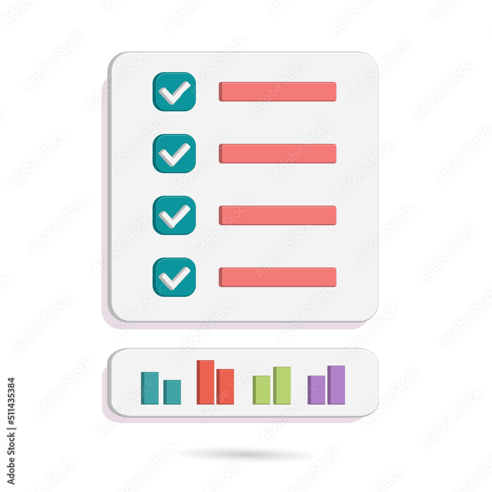 Check note icon and bar chart showing work activity, business, economic and financial themes Check note icon and bar chart showing work activity, business, economic and financial themes