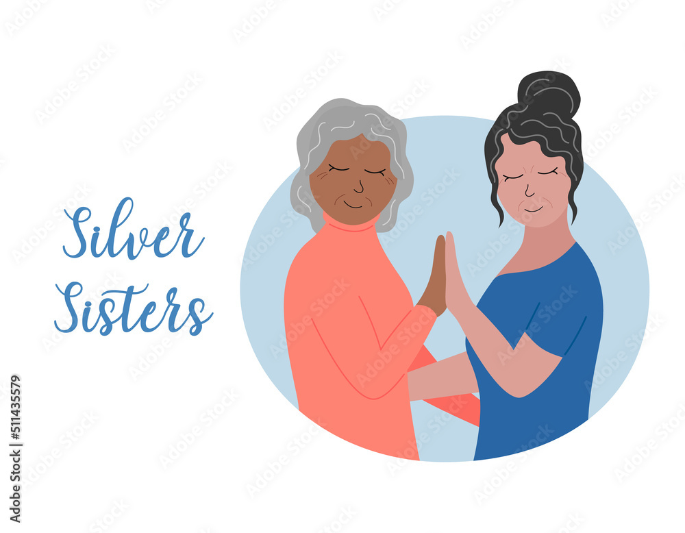 Senior women with gray hair together. Silver sisters concept. Female friendship. Elderly women are proud of age and hair color. Flat vector illustration Senior women with gray hair together. Silver sisters concept. Female friendship. Elderly women are proud of age and hair color. Flat vector illustration