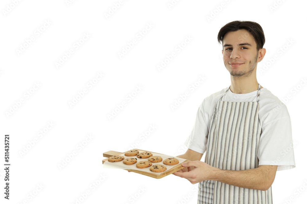 Concept of cooking, young man in apron isolated on white background Concept of cooking, young man in apron isolated on white background