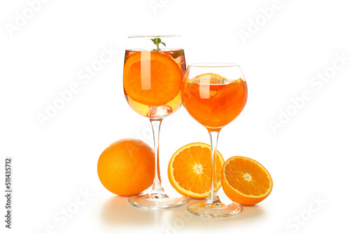 Concept of fresh alcohol drink, Aperol Spritz isolated on white background