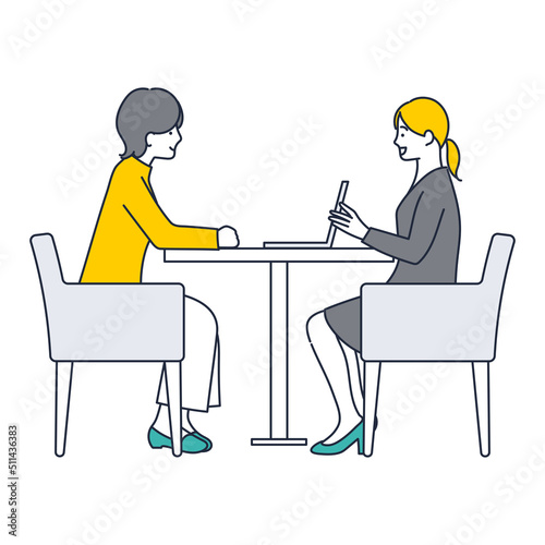 パソコンの画面を見せて説明する女のイラスト素材｜mayucolor08