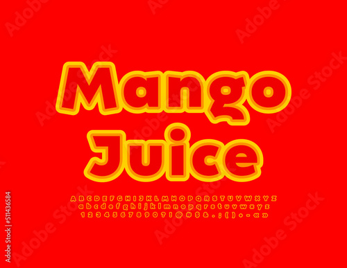 Vector advertising emblem Mango Juice. Artistic Font. Bright Creative Alphabet Letters and Numbers