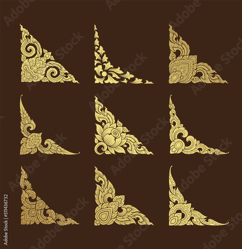 Set corner art, asian buddhism temple element and background pattern decoration motifs for ceiling pattern, flyers, poster, web, banner, and card