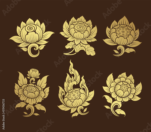 Set lotus art, asian buddhism temple element and background pattern decoration for motifs