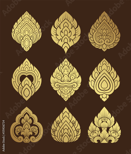 Set asian art, buddhism temple element and background pattern decoration motifs for ceiling pattern, flyers, poster, web, banner, and card