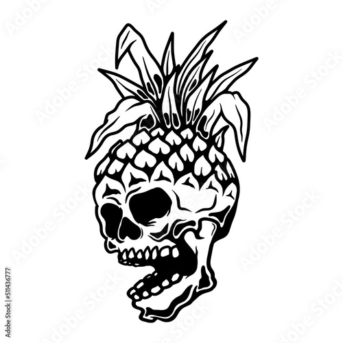 Illustration of pineapple skull. Summer theme. Design element for poster, card, banner, emblem, sign. Vector illustration