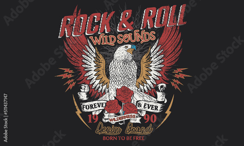 Eagle fly vector artwork design for t-shirt and others. Wild sound graphic print design for apparel, stickers, posters and background. Music tour logo design.