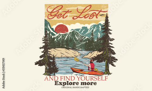 Mountain adventure vector artwork design for t-shirt and others. Kayaking trip graphic print design for apparel, stickers, posters and background.