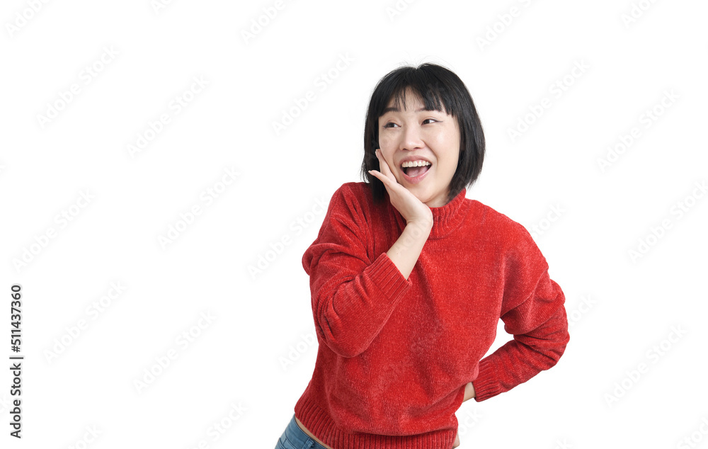 Young asian woman surprised and looking at a side, wearing winter red sweater, isolated on white background. Young asian woman surprised and looking at a side, wearing winter red sweater, isolated on white background.
