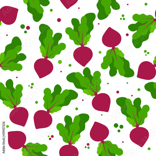 beet root flat design seamless pattern. Seamless pattern with leaves and vegetable Beet root. Vector illustration of art. Vintage background. Kitchen and restaurant design for fabrics, paper