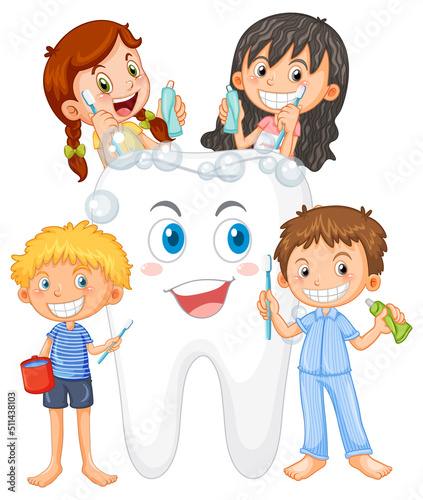 Group of children cleaning teeth