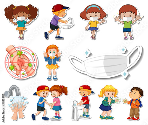 Sticker set of covid19 icons and cartoon characters