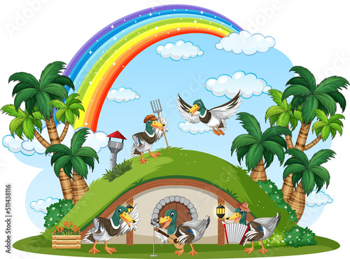 Duck family at hobbit house on white background