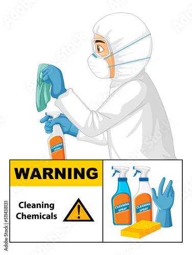 Man in protective hazmat suit with warning cleaning chemicals sign