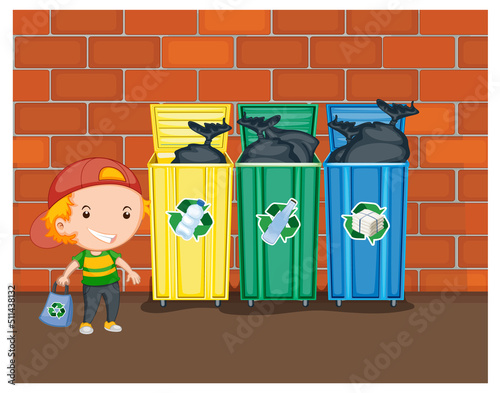 Little boy standing beside recycling bins