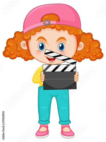 Cute girl cartoon character with curly pigtail hair holding film slate