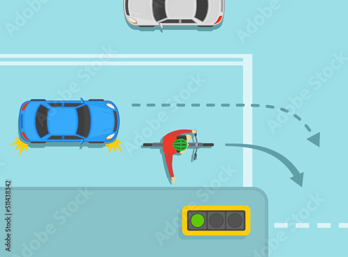Safe bicycle riding and traffic regulation rules. Giving way to cyclist on crossroads when turning right. Correct right turn on traffic light. Flat vector illustration template.