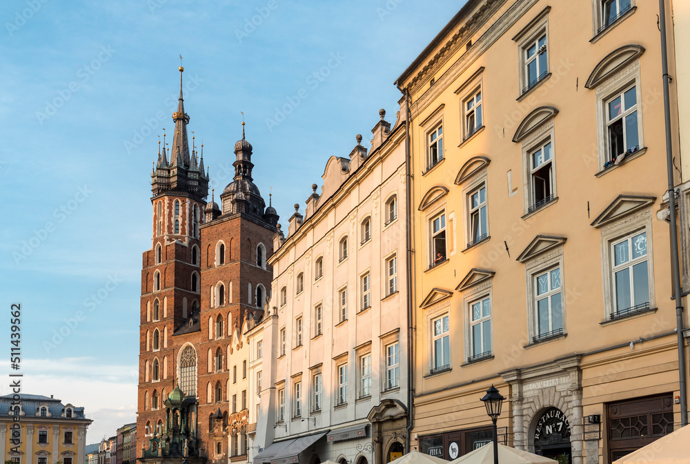 St. Mary's Basilica (Kosciol Mariacki) and Main Market Square (Rynek Glowny) in Krakow, Poland