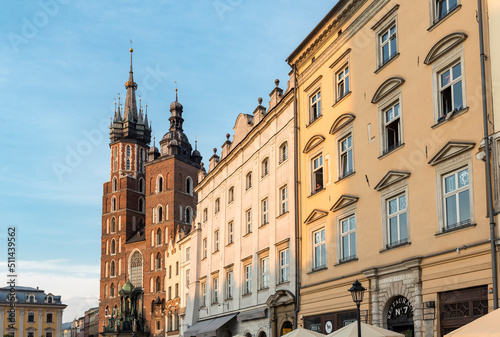St. Mary's Basilica (Kosciol Mariacki) and Main Market Square (Rynek Glowny) in Krakow, Poland