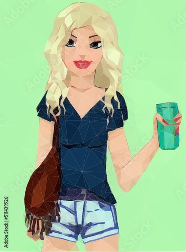 Schöne junge Frau mit blonden Haaren. Sie hält eine Getränkedose. Vektor Illustration in Low Poly Art. 
