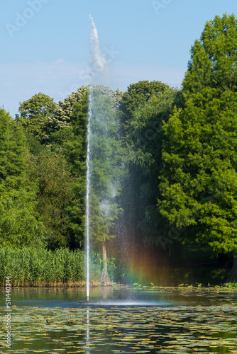 An Artesian Fountain is Casting a Beautiful Rainbow on the Lake in Daylight 